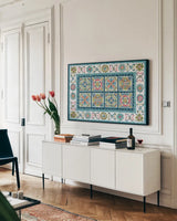 Gypsy Meadow VI by Daphne Brissonnet. shown as a framed stretched canvas in a living room above a console. Available as a archival giclee rolled canvas, fine art paper, or poster print. SKU 57762i.