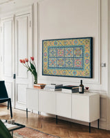 Gypsy Meadow VII by Daphne Brissonnet. shown as a framed stretched canvas in a living room above a console. Available as a archival giclee rolled canvas, fine art paper, or poster print. SKU 57763i.