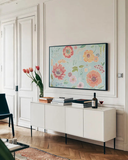 Happy Meadow I by Daphne Brissonnet. shown as a framed stretched canvas in a living room above a console. Available as a archival giclee rolled canvas, fine art paper, or poster print. SKU 74032i.