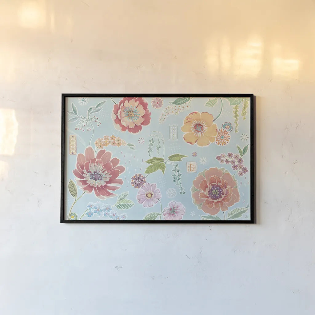 Happy Meadow I by Daphne Brissonnet. shown as a paper print in a black flame. Available as a archival giclee rolled canvas, fine art paper, or poster print. SKU 74032i.