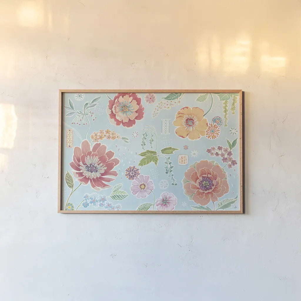 Happy Meadow I by Daphne Brissonnet. shown as a paper print in a natural frame. Available as a archival giclee rolled canvas, fine art paper, or poster print. SKU 74032i.