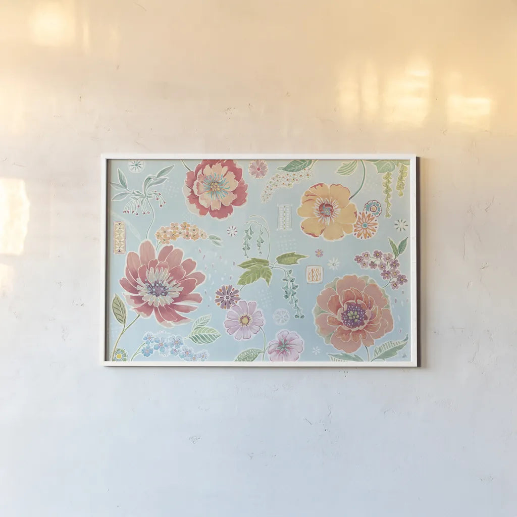Happy Meadow I by Daphne Brissonnet. shown as a paper print in a white frame. Available as a archival giclee rolled canvas, fine art paper, or poster print. SKU 74032i.