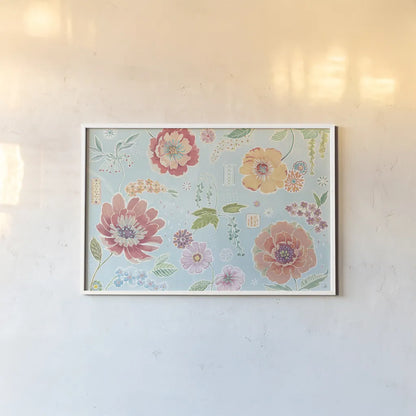 Happy Meadow I by Daphne Brissonnet. shown as a paper print in a white frame. Available as a archival giclee rolled canvas, fine art paper, or poster print. SKU 74032i.
