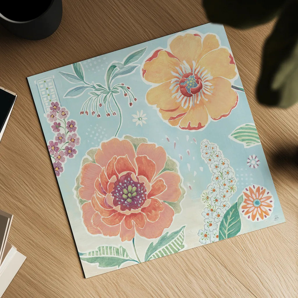 Happy Meadow II by Daphne Brissonnet. Shown as a detailed flat fine art print, highlighting archival giclee quality. Available as an archival giclee rolled canvas, fine art paper, or poster print. SKU 74033a.