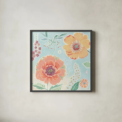 Happy Meadow II by Daphne Brissonnet. Shown in a sleek black glass frame for a contemporary gallery look. Available as an archival giclee rolled canvas, fine art paper, or poster print. SKU 74033a.