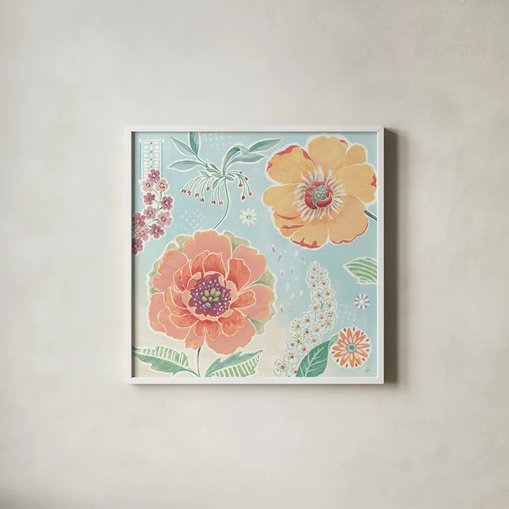 Happy Meadow II by Daphne Brissonnet. Shown in a crisp white glass frame for a clean and minimalist style. Available as an archival giclee rolled canvas, fine art paper, or poster print. SKU 74033a.