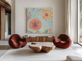 Happy Meadow II by Daphne Brissonnet. Shown as extra-large giant wall art in a modern living room. Available as an archival giclee rolled canvas, fine art paper, or poster print. SKU 74033a.