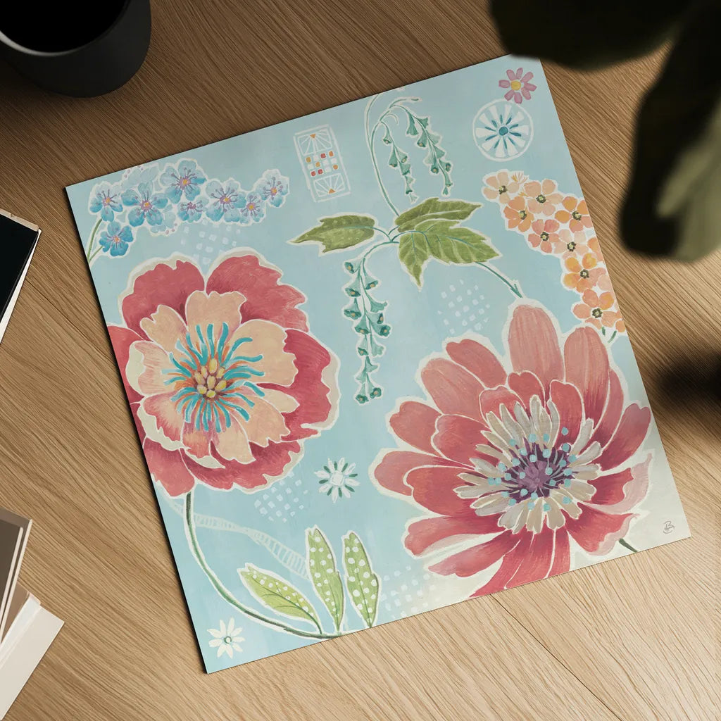 Happy Meadow III by Daphne Brissonnet. Shown as a detailed flat fine art print, highlighting archival giclee quality. Available as an archival giclee rolled canvas, fine art paper, or poster print. SKU 74034a.