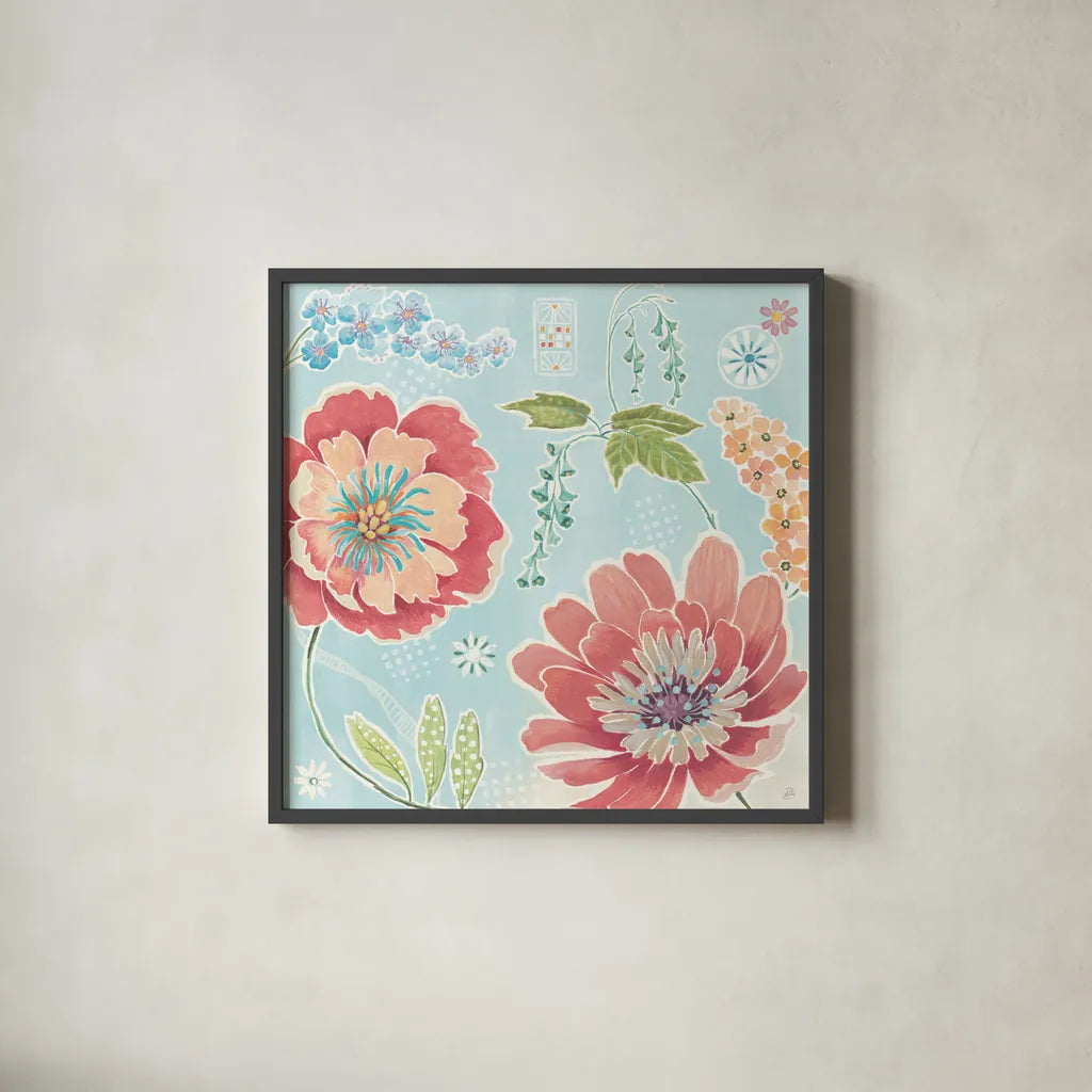 Happy Meadow III by Daphne Brissonnet. Shown in a sleek black glass frame for a contemporary gallery look. Available as an archival giclee rolled canvas, fine art paper, or poster print. SKU 74034a.