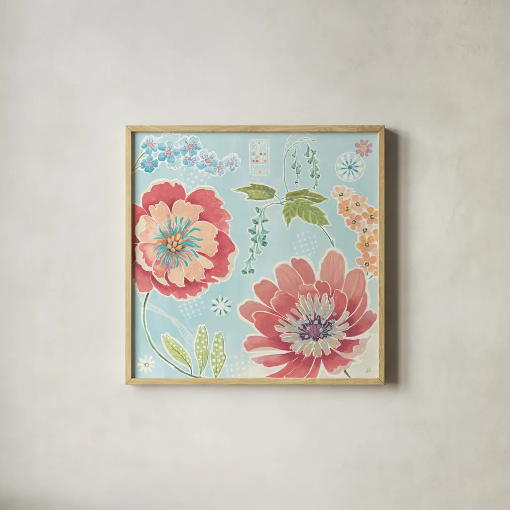 Happy Meadow III by Daphne Brissonnet. Shown in a natural wood glass frame for a timeless modern aesthetic. Available as an archival giclee rolled canvas, fine art paper, or poster print. SKU 74034a.