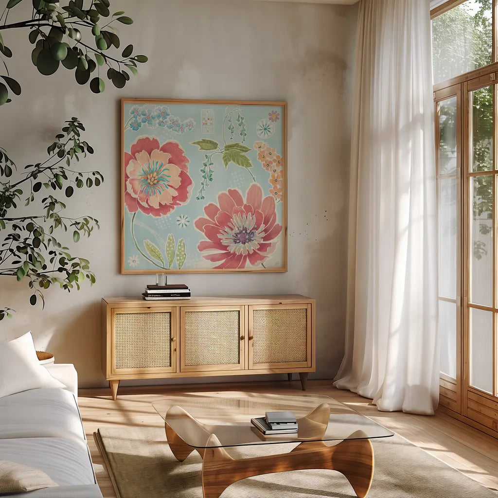 Happy Meadow III by Daphne Brissonnet. Shown in a natural wood frame in a cozy modern living room. Available as an archival giclee rolled canvas, fine art paper, or poster print. SKU 74034a.