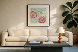 Happy Meadow III by Daphne Brissonnet. Displayed in a glass frame with matte in a clean modern living room. Available as an archival giclee rolled canvas, fine art paper, or poster print. SKU 74034a.