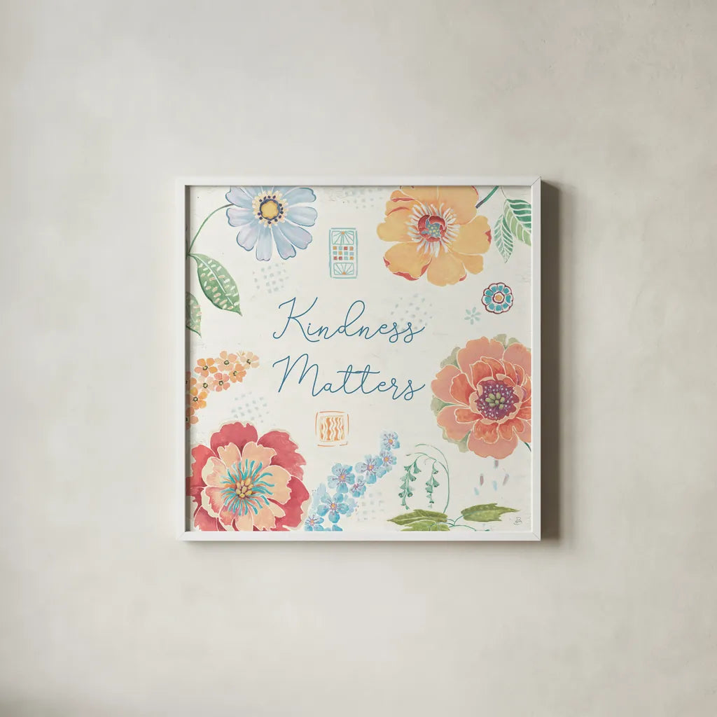 Happy Meadow IV by Daphne Brissonnet. Shown in a crisp white glass frame for a clean and minimalist style. Available as an archival giclee rolled canvas, fine art paper, or poster print. SKU 74035a.