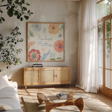 Happy Meadow IV by Daphne Brissonnet. Shown in a natural wood frame in a cozy modern living room. Available as an archival giclee rolled canvas, fine art paper, or poster print. SKU 74035a.