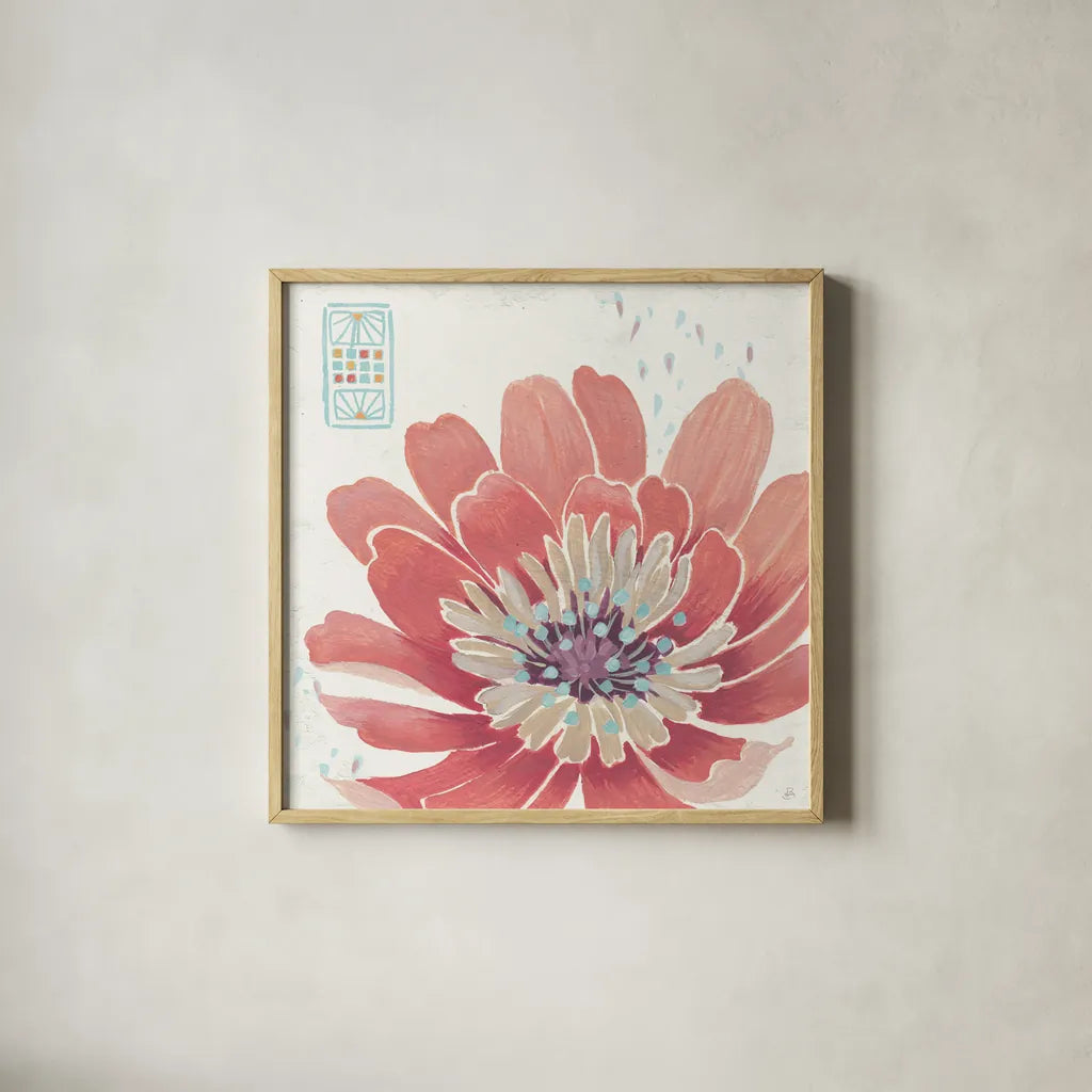 Happy Meadow IX by Daphne Brissonnet. Shown in a natural wood glass frame for a timeless modern aesthetic. Available as an archival giclee rolled canvas, fine art paper, or poster print. SKU 74040a.