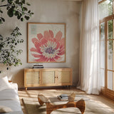Happy Meadow IX by Daphne Brissonnet. Shown in a natural wood frame in a cozy modern living room. Available as an archival giclee rolled canvas, fine art paper, or poster print. SKU 74040a.