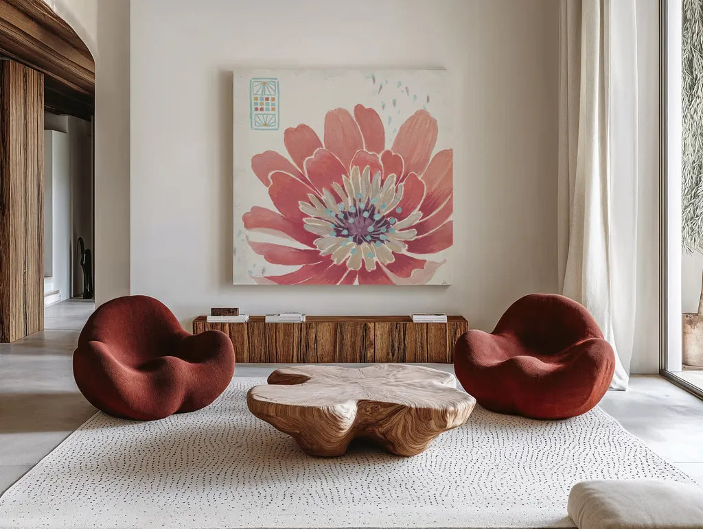 Happy Meadow IX by Daphne Brissonnet. Shown as extra-large giant wall art in a modern living room. Available as an archival giclee rolled canvas, fine art paper, or poster print. SKU 74040a.