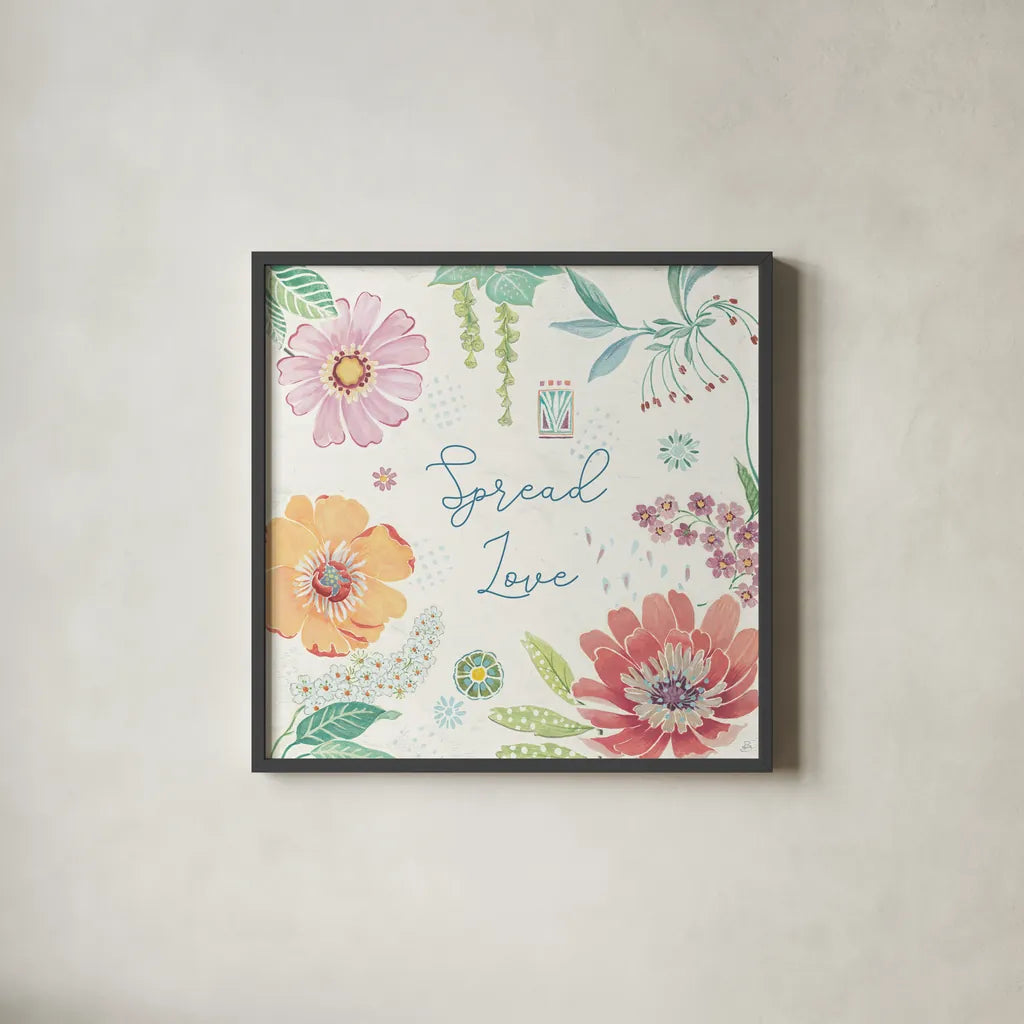 Happy Meadow V by Daphne Brissonnet. Shown in a sleek black glass frame for a contemporary gallery look. Available as an archival giclee rolled canvas, fine art paper, or poster print. SKU 74036a.