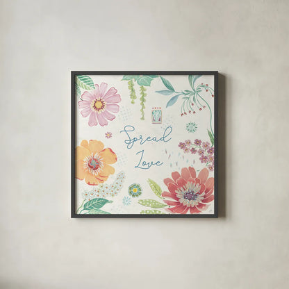 Happy Meadow V by Daphne Brissonnet. Shown in a sleek black glass frame for a contemporary gallery look. Available as an archival giclee rolled canvas, fine art paper, or poster print. SKU 74036a.