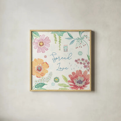 Happy Meadow V by Daphne Brissonnet. Shown in a natural wood glass frame for a timeless modern aesthetic. Available as an archival giclee rolled canvas, fine art paper, or poster print. SKU 74036a.