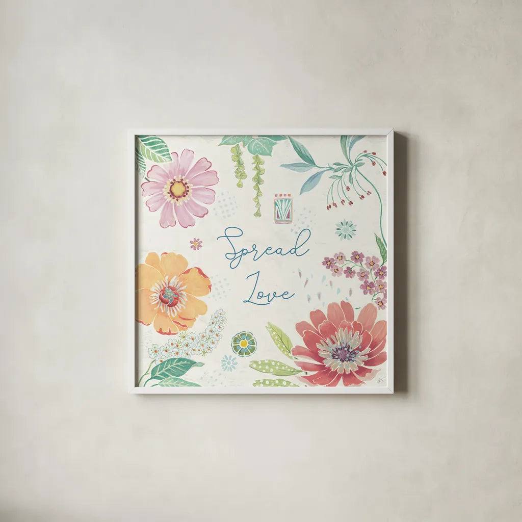 Happy Meadow V by Daphne Brissonnet. Shown in a crisp white glass frame for a clean and minimalist style. Available as an archival giclee rolled canvas, fine art paper, or poster print. SKU 74036a.