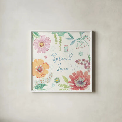 Happy Meadow V by Daphne Brissonnet. Shown in a crisp white glass frame for a clean and minimalist style. Available as an archival giclee rolled canvas, fine art paper, or poster print. SKU 74036a.