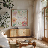 Happy Meadow V by Daphne Brissonnet. Shown in a natural wood frame in a cozy modern living room. Available as an archival giclee rolled canvas, fine art paper, or poster print. SKU 74036a.