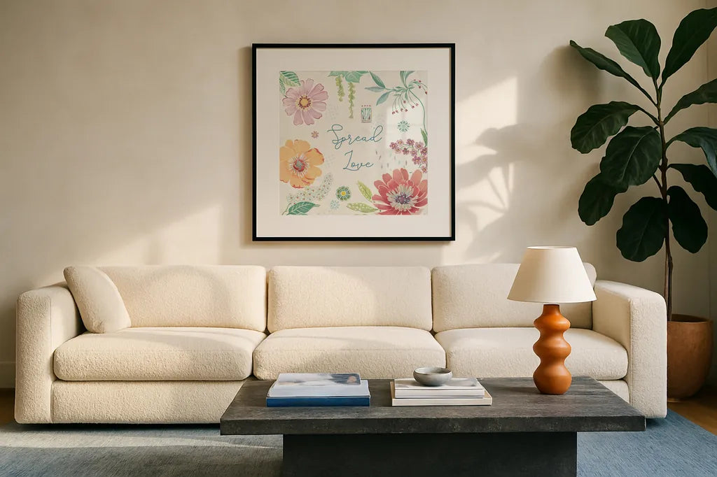 Happy Meadow V by Daphne Brissonnet. Displayed in a glass frame with matte in a clean modern living room. Available as an archival giclee rolled canvas, fine art paper, or poster print. SKU 74036a.