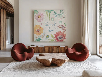 Happy Meadow V by Daphne Brissonnet. Shown as extra-large giant wall art in a modern living room. Available as an archival giclee rolled canvas, fine art paper, or poster print. SKU 74036a.