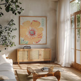 Happy Meadow VIII by Daphne Brissonnet. Shown in a natural wood frame in a cozy modern living room. Available as an archival giclee rolled canvas, fine art paper, or poster print. SKU 74039a.