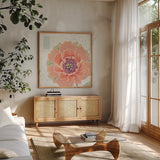Happy Meadow XI by Daphne Brissonnet. Shown in a natural wood frame in a cozy modern living room. Available as an archival giclee rolled canvas, fine art paper, or poster print. SKU 74042a.