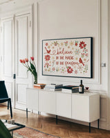 Holiday Impressions II by Daphne Brissonnet. shown as a framed stretched canvas in a living room above a console. Available as a archival giclee rolled canvas, fine art paper, or poster print. SKU 31962i.