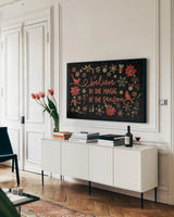 Holiday Impressions II Black by Daphne Brissonnet. shown as a framed stretched canvas in a living room above a console. Available as a archival giclee rolled canvas, fine art paper, or poster print. SKU 32394i.