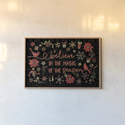 Holiday Impressions II Black by Daphne Brissonnet. shown as a paper print in a natural frame. Available as a archival giclee rolled canvas, fine art paper, or poster print. SKU 32394i.