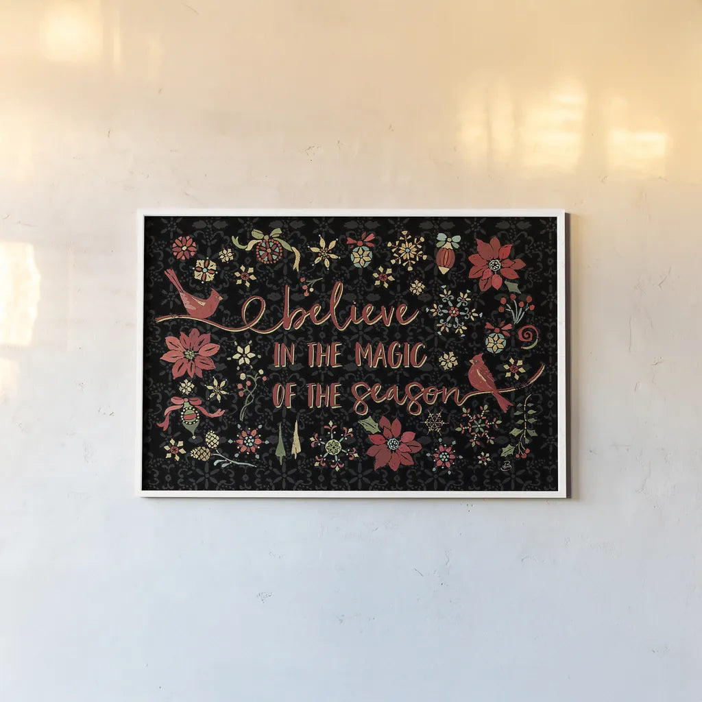 Holiday Impressions II Black by Daphne Brissonnet. shown as a paper print in a white frame. Available as a archival giclee rolled canvas, fine art paper, or poster print. SKU 32394i.