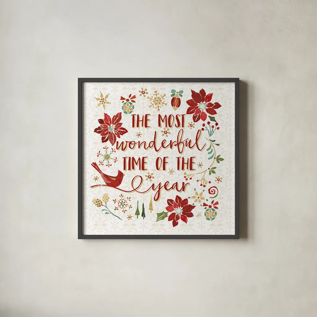 Holiday Impressions III by Daphne Brissonnet. Shown in a sleek black glass frame for a contemporary gallery look. Available as an archival giclee rolled canvas, fine art paper, or poster print. SKU 31963a.