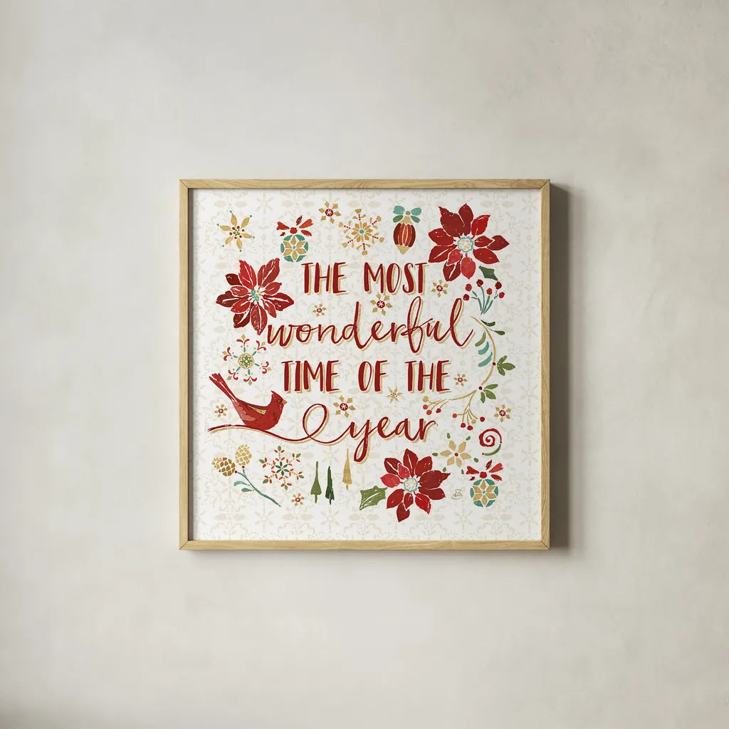 Holiday Impressions III by Daphne Brissonnet. Shown in a natural wood glass frame for a timeless modern aesthetic. Available as an archival giclee rolled canvas, fine art paper, or poster print. SKU 31963a.