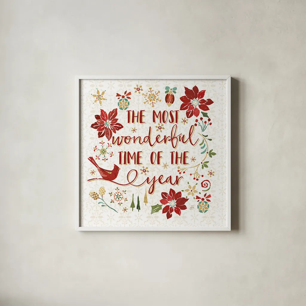 Holiday Impressions III by Daphne Brissonnet. Shown in a crisp white glass frame for a clean and minimalist style. Available as an archival giclee rolled canvas, fine art paper, or poster print. SKU 31963a.