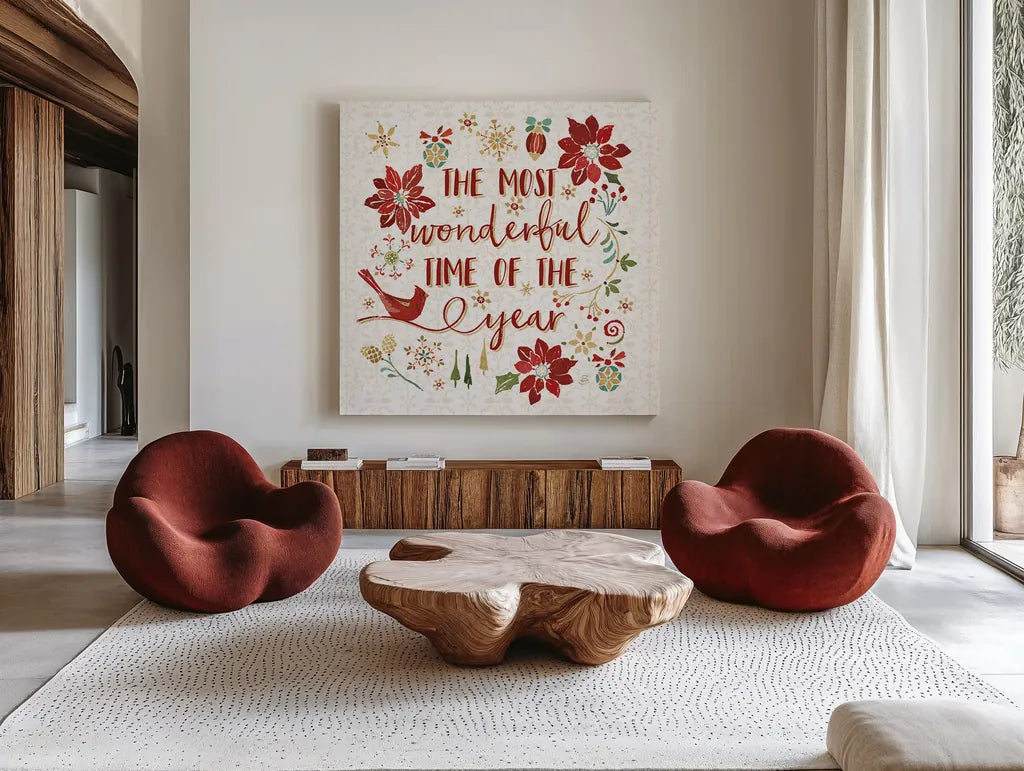 Holiday Impressions III by Daphne Brissonnet. Shown as extra-large giant wall art in a modern living room. Available as an archival giclee rolled canvas, fine art paper, or poster print. SKU 31963a.