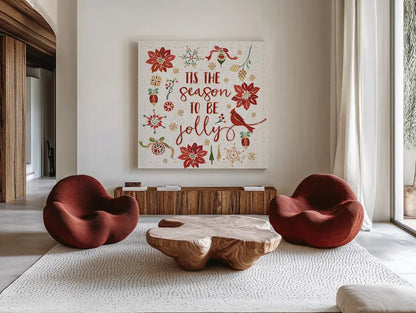 Holiday Impressions IV by Daphne Brissonnet. Shown as extra-large giant wall art in a modern living room. Available as an archival giclee rolled canvas, fine art paper, or poster print. SKU 31964a.