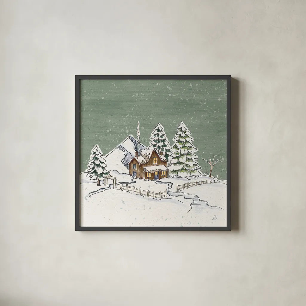 Holiday Toile Cabin Neutral Crop by Daphne Brissonnet. Shown in a sleek black glass frame for a contemporary gallery look. Available as an archival giclee rolled canvas, fine art paper, or poster print. SKU 59721a.