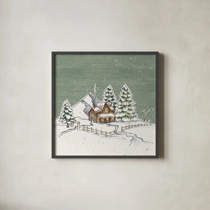 Holiday Toile Cabin Neutral Crop by Daphne Brissonnet. Shown in a sleek black glass frame for a contemporary gallery look. Available as an archival giclee rolled canvas, fine art paper, or poster print. SKU 59721a.