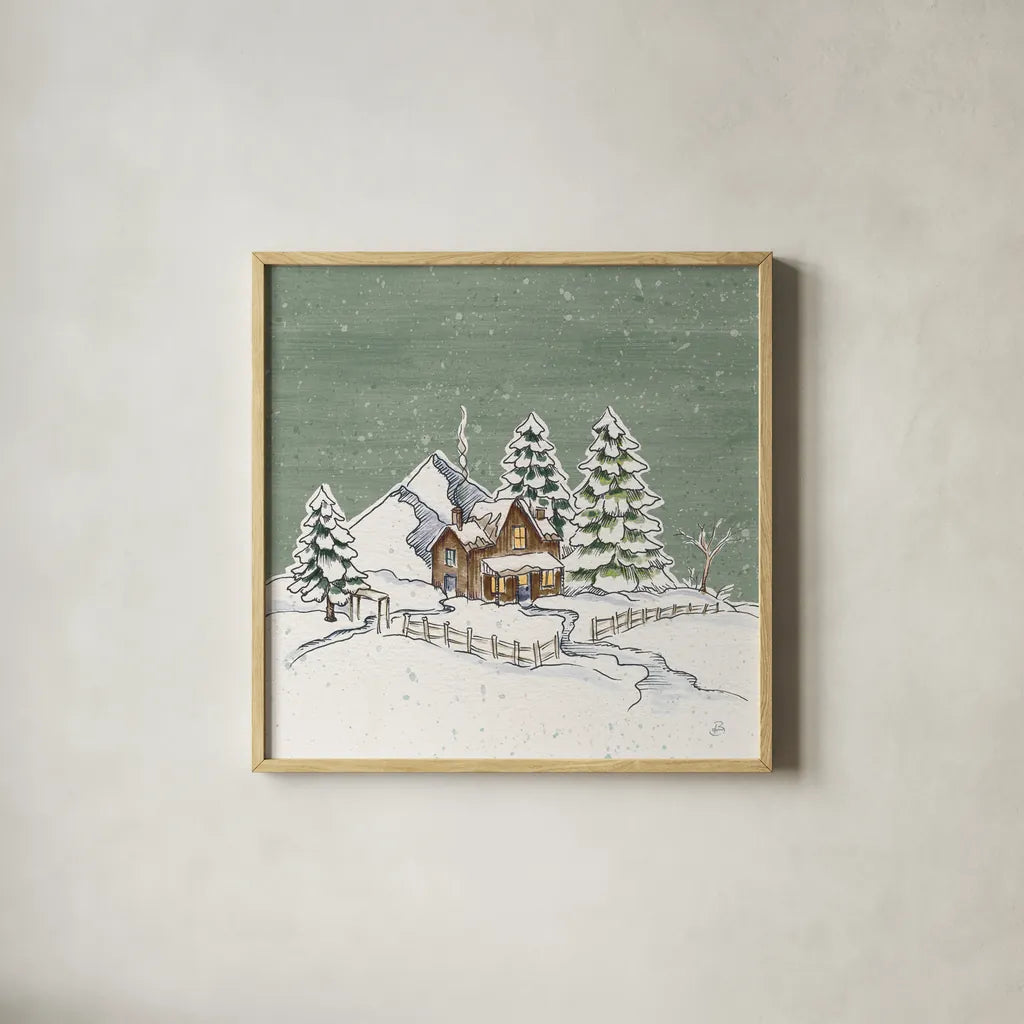 Holiday Toile Cabin Neutral Crop by Daphne Brissonnet. Shown in a natural wood glass frame for a timeless modern aesthetic. Available as an archival giclee rolled canvas, fine art paper, or poster print. SKU 59721a.