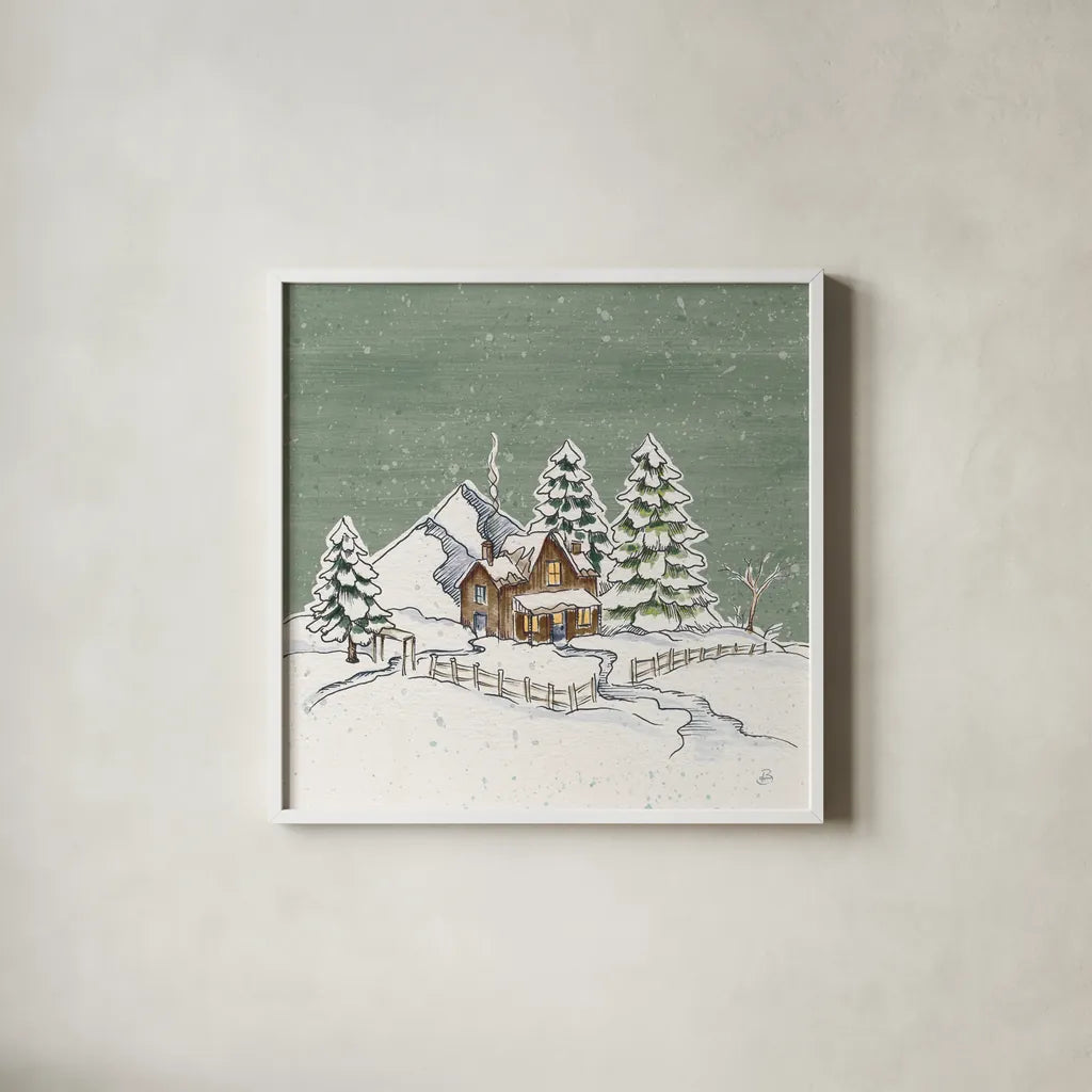 Holiday Toile Cabin Neutral Crop by Daphne Brissonnet. Shown in a crisp white glass frame for a clean and minimalist style. Available as an archival giclee rolled canvas, fine art paper, or poster print. SKU 59721a.