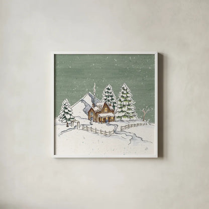 Holiday Toile Cabin Neutral Crop by Daphne Brissonnet. Shown in a crisp white glass frame for a clean and minimalist style. Available as an archival giclee rolled canvas, fine art paper, or poster print. SKU 59721a.