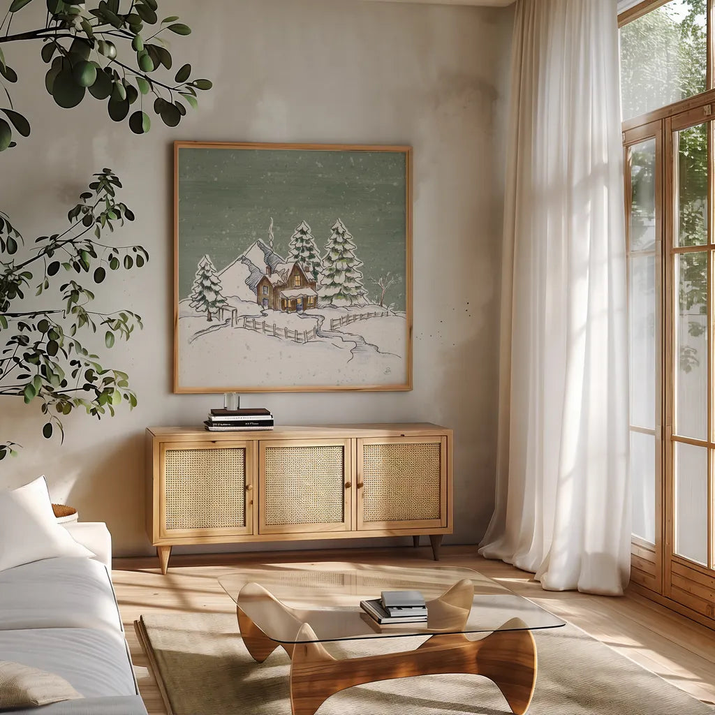 Holiday Toile Cabin Neutral Crop by Daphne Brissonnet. Shown in a natural wood frame in a cozy modern living room. Available as an archival giclee rolled canvas, fine art paper, or poster print. SKU 59721a.