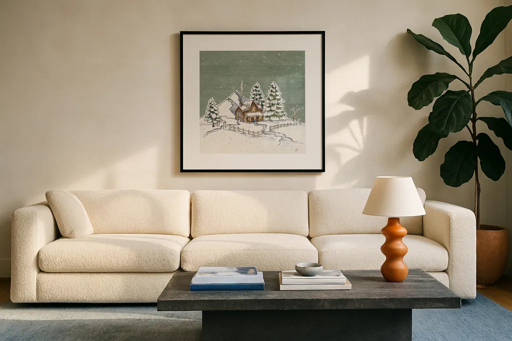 Holiday Toile Cabin Neutral Crop by Daphne Brissonnet. Displayed in a glass frame with matte in a clean modern living room. Available as an archival giclee rolled canvas, fine art paper, or poster print. SKU 59721a.