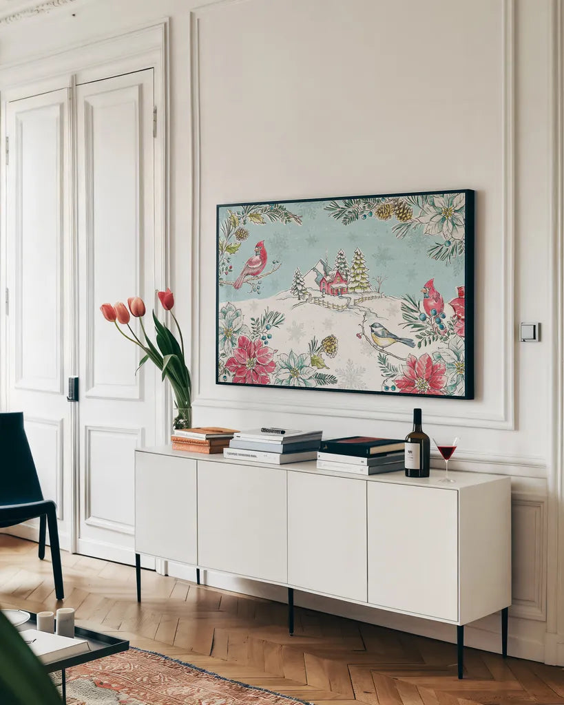 Holiday Toile I by Daphne Brissonnet. shown as a framed stretched canvas in a living room above a console. Available as a archival giclee rolled canvas, fine art paper, or poster print. SKU 53537i.