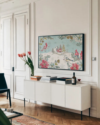 Holiday Toile I by Daphne Brissonnet. shown as a framed stretched canvas in a living room above a console. Available as a archival giclee rolled canvas, fine art paper, or poster print. SKU 53537i.