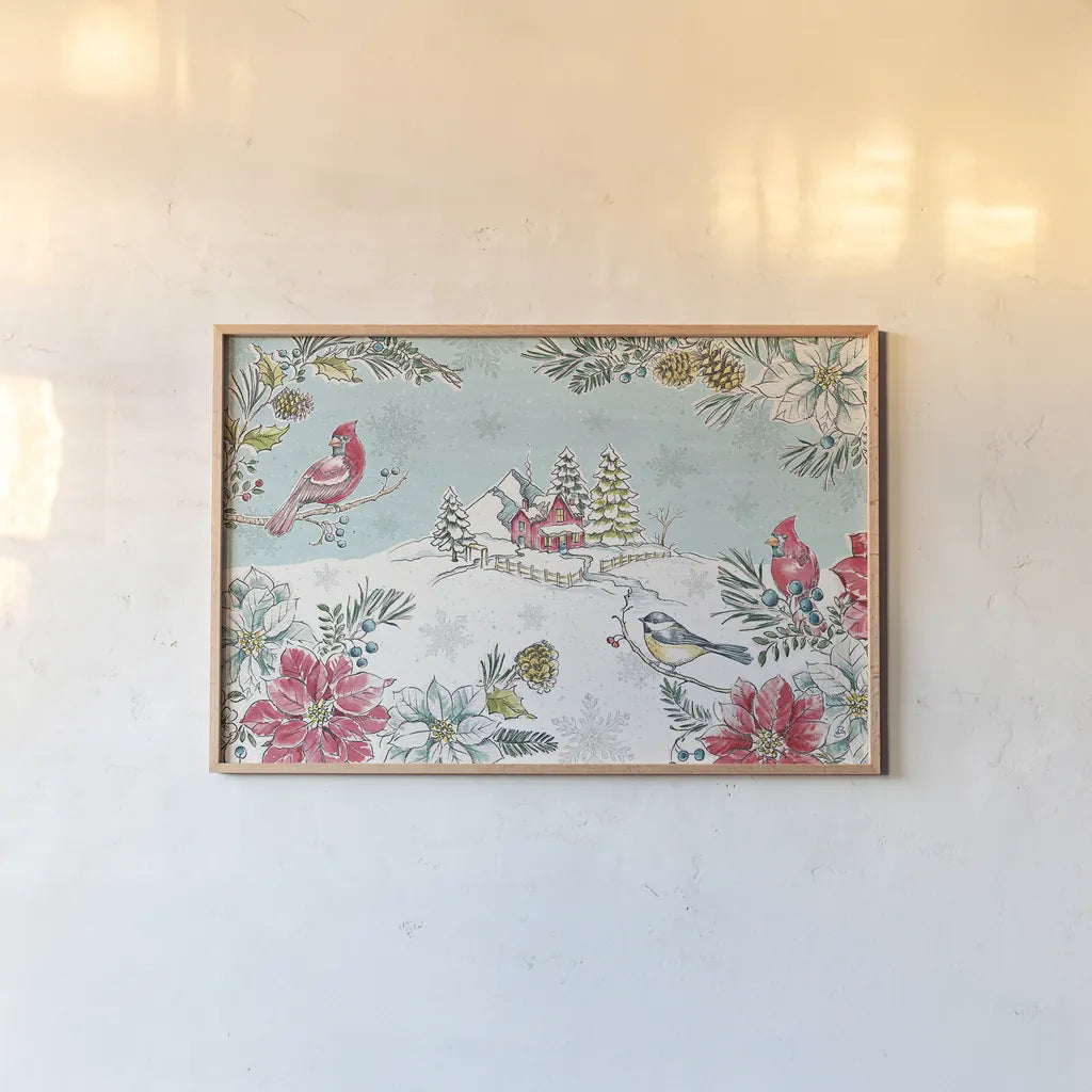 Holiday Toile I by Daphne Brissonnet. shown as a paper print in a natural frame. Available as a archival giclee rolled canvas, fine art paper, or poster print. SKU 53537i.